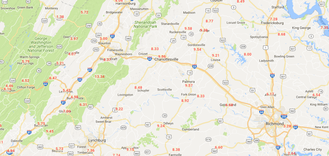 Rainfall totals in Virginia during 1972 flood